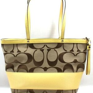 Women's Coach Tote Bag Brown/Yellow Signature Canvas Leather One Size